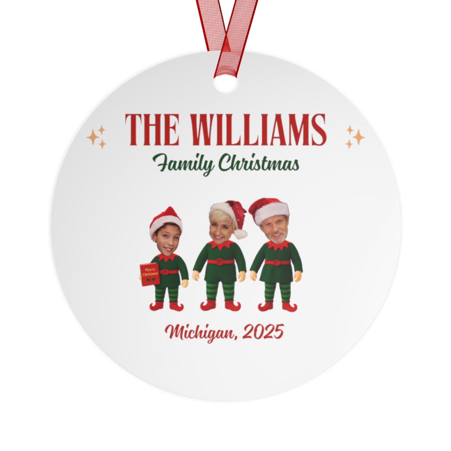 Personalized Metal Ornament - Family Christmas Photo Elf Ornament, Custom Names & Year