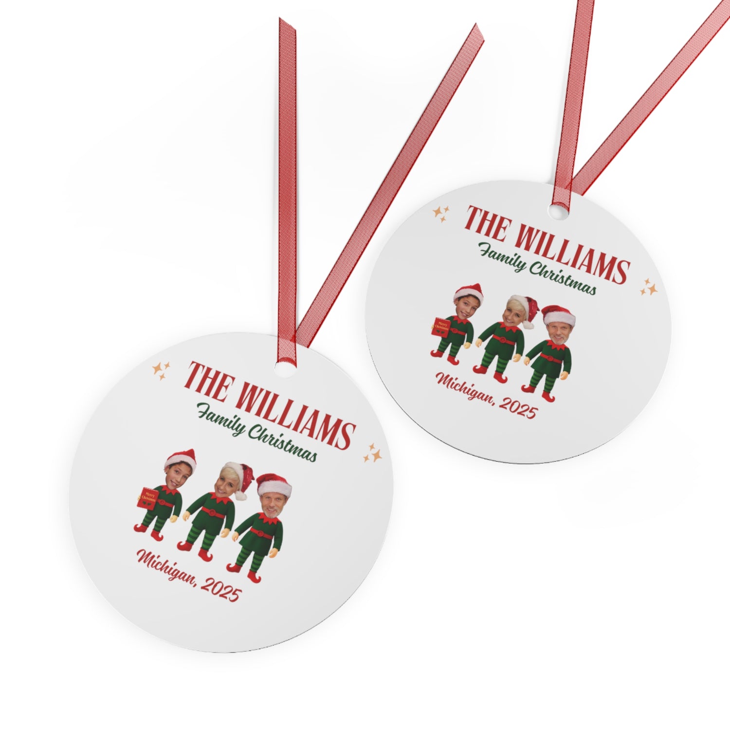 Personalized Metal Ornament - Family Christmas Photo Elf Ornament, Custom Names & Year